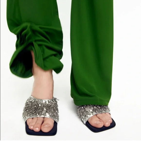 NWT Zara Party Sandals Heels Size 7.5 Open Toe Beaded Sparkly Slip On Sandals - Picture 6 of 11